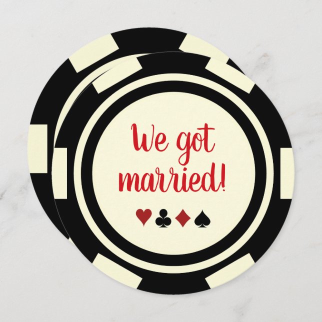 Black Off White Poker Chip Wedding Eloped Announce Invitation (Front/Back)