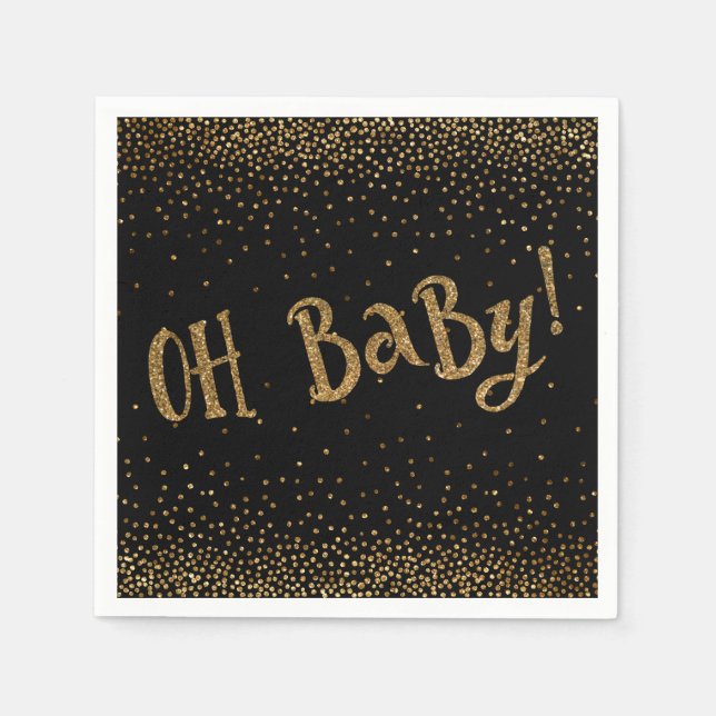 Black "Oh Baby!" Gold Glitter Confetti Baby Shower Napkin (Front)
