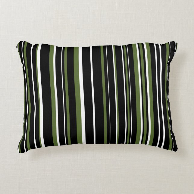Black, Olive Green, and White Barcode Stripe Decorative Cushion (Front)