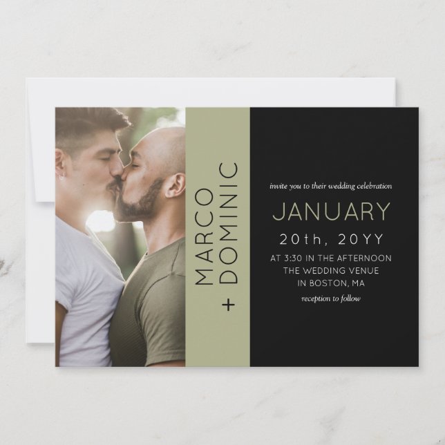Black Olive Green Photo Modern Wedding Invitation (Front)