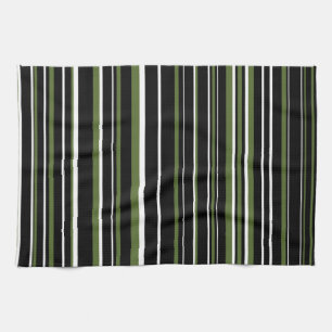 Black, Olive Green, White Barcode Stripe Tea Towel