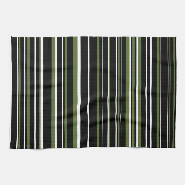 Black, Olive Green, White Barcode Stripe Tea Towel (Horizontal)