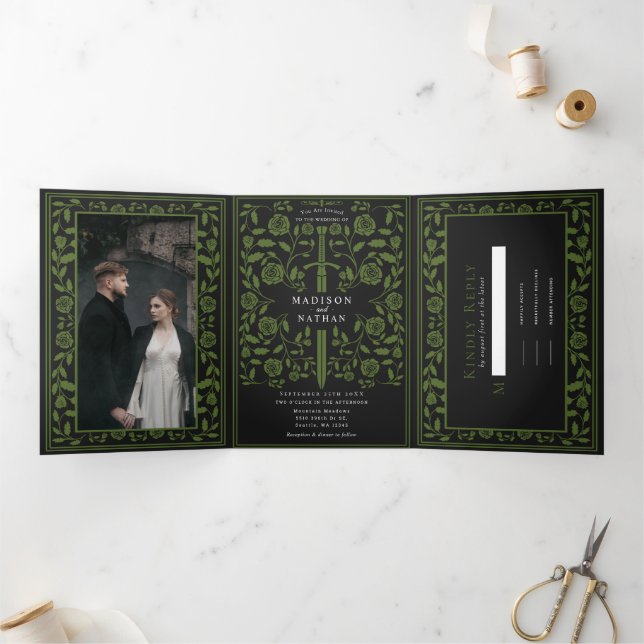 Black Olive Royal Mediaeval Sword Wedding  Tri-Fold Invitation (Inside)