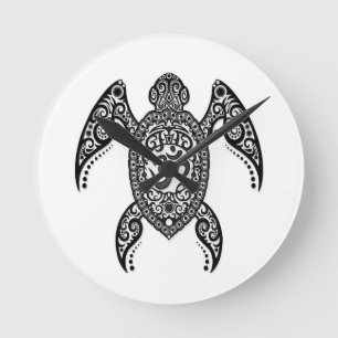 Black Om Sea Turtle on White Round Clock