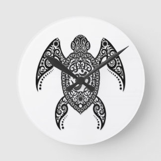Black Om Sea Turtle on White Round Clock