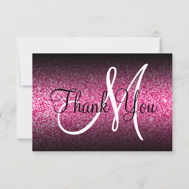 Black Ombre Hot Pink Glitter Monogram Thank You Card (Front)