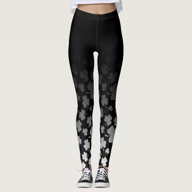 Black Ombre & White on Black Shamrock Leggings (Front)