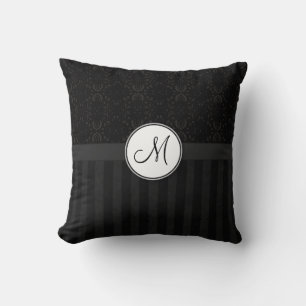 Black on Black Damask and Stripes with Monogram Cushion