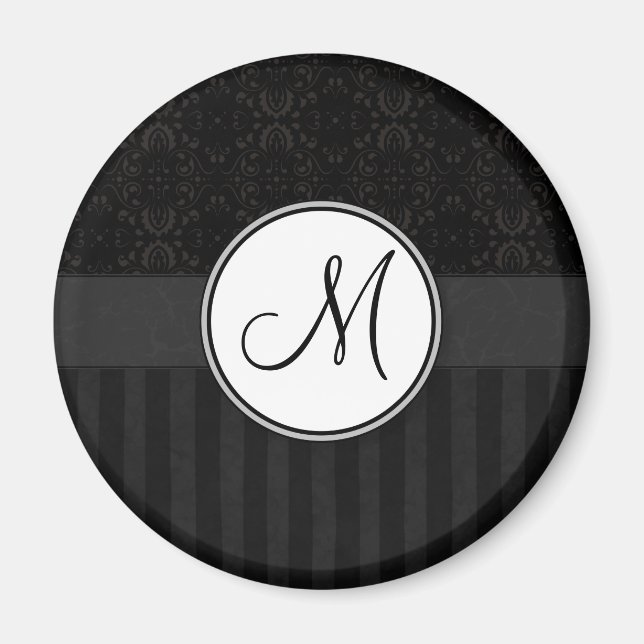Black on Black Damask and Stripes with Monogram Magnet (Front)