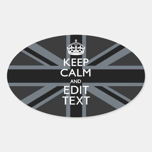 Black on Black  Keep Calm Personalised Union Jack Oval Sticker (Front)