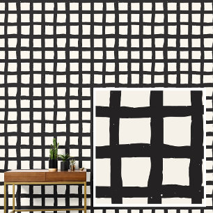 Black on Bone Grid Squares Wallpaper