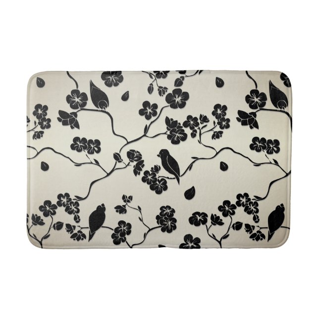 Black on Bronze Pattern Birds and Cherry Blossoms Bath Mat (Front)