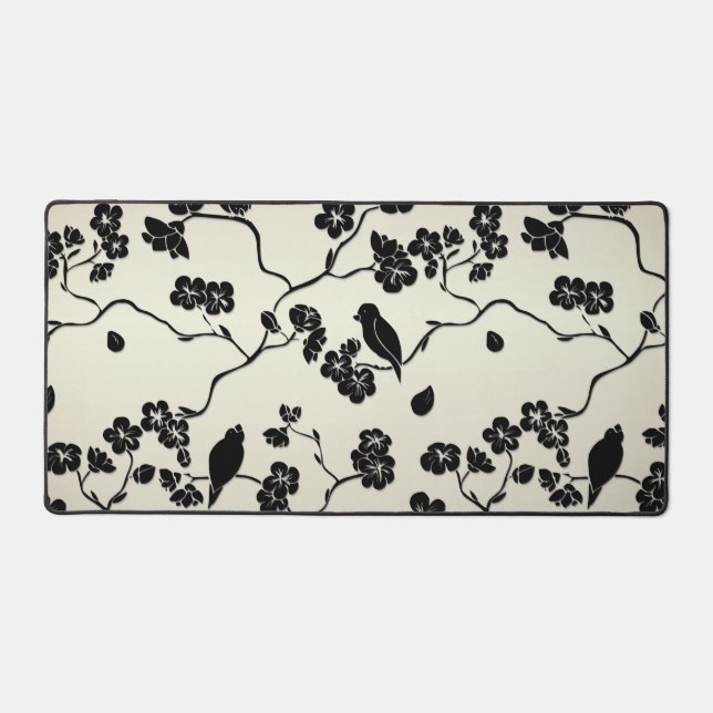 Black on Bronze Pattern Birds and Cherry Blossoms Desk Mat (Front)
