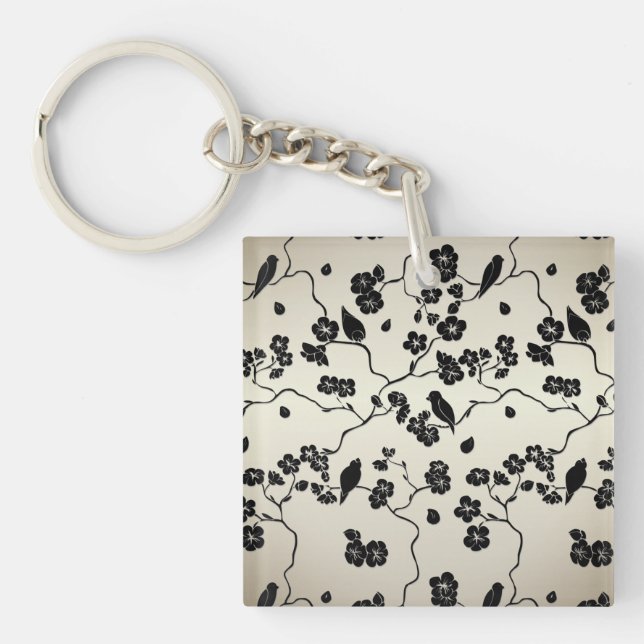 Black on Bronze Pattern Birds and Cherry Blossoms Key Ring (Front)
