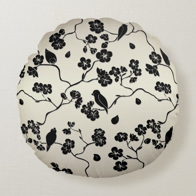 Black on Bronze Pattern Birds and Cherry Blossoms Round Cushion (Front)