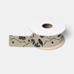 Black on Bronze Pattern Birds and Cherry Blossoms Satin Ribbon
