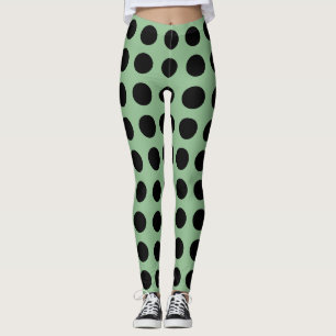 Black on Dark Sea Green Large Horiz. Polka Dots Leggings