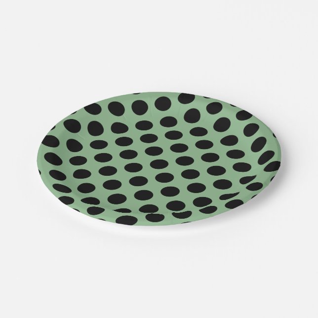 Black on Dark Sea Green Large Size Polka Dots Paper Plate (Angled)
