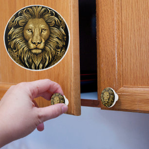 Black on Gold Lion Ceramic Knob