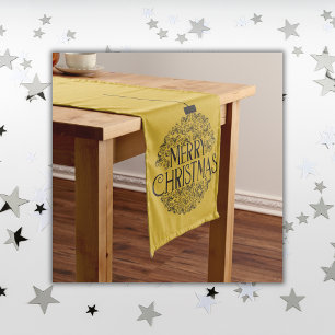 Black on Gold Merry Christmas    Long Table Runner