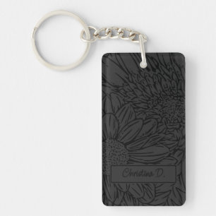 Black on Grey Chrysanthemums with Photo Key Ring