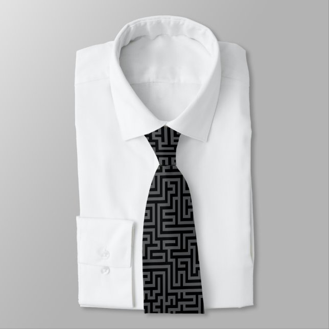Black On Grey Geometric Maze Pattern Tie (Tied)