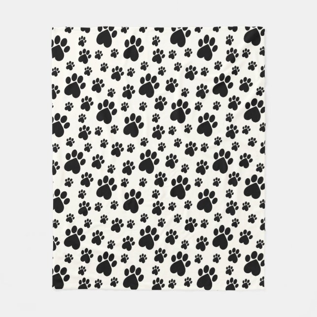 Black on Off-White Heart Paw Print  Fleece Blanket (Front)