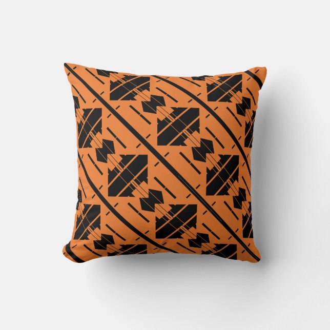 Black on Orange Diagonal Repeating Small Shapes Cushion (Front)