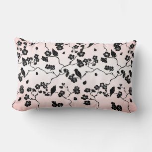 Black on Pink Pattern Birds and Cherry Blossoms  Lumbar Cushion