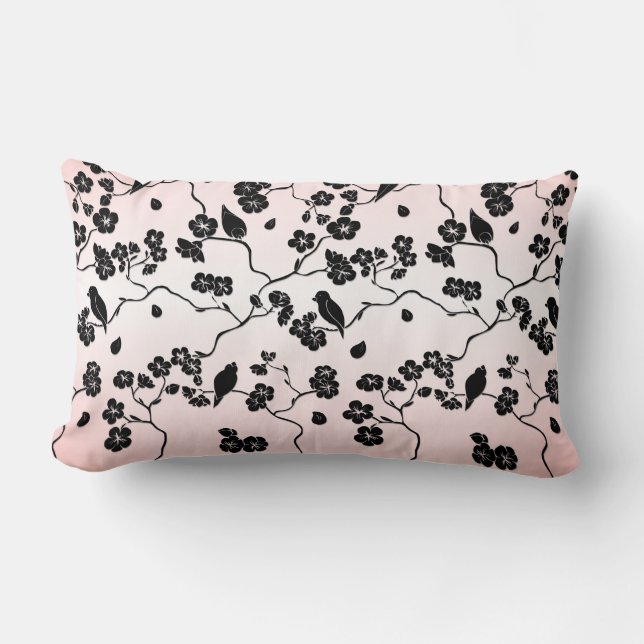 Black on Pink Pattern Birds and Cherry Blossoms  Lumbar Cushion (Front)