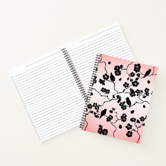 Black on Pink Pattern Birds and Cherry Blossoms  Notebook (Inside)