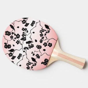 Black on Pink Pattern Birds and Cherry Blossoms Ping Pong Paddle