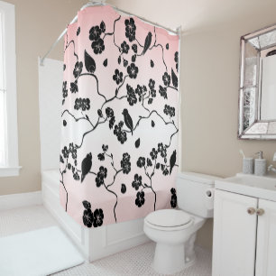 Black on Pink Pattern Birds and Cherry Blossoms  Shower Curtain