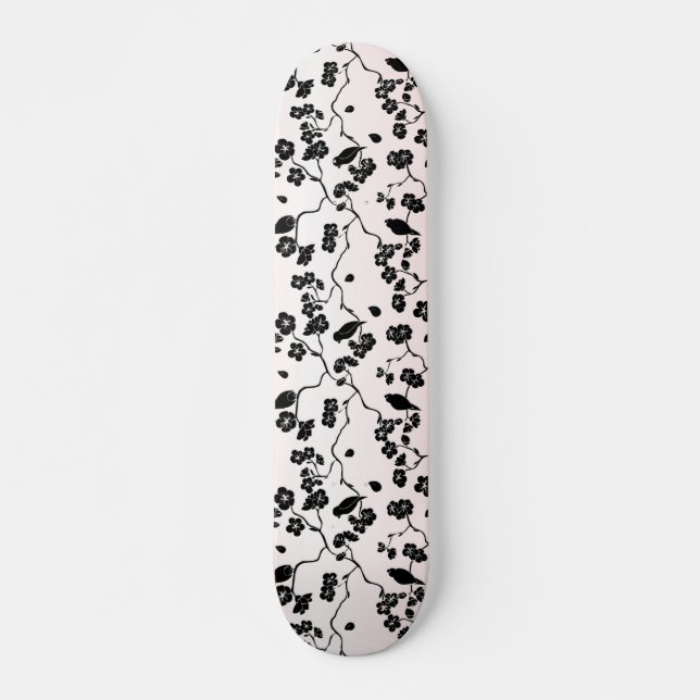 Black on Pink Pattern Birds and Cherry Blossoms  Skateboard (Front)