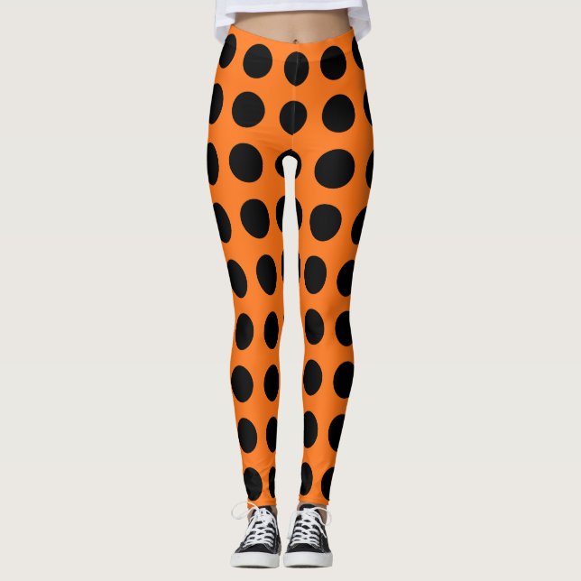 Black on Pumpkin Large Size Polka Dots Leggings (Front)