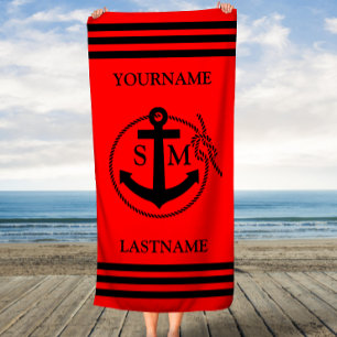 Black on Red Anchor Rope Personalised Beach Towel