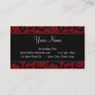 Black on Red Floral Wisps & Stripes with Monogram Business Card