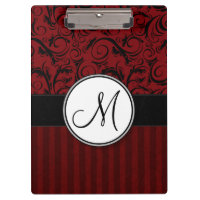 Black on Red Floral Wisps & Stripes with Monogram