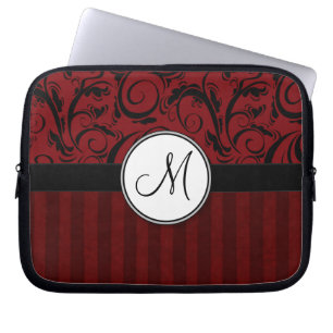 Black on Red Floral Wisps & Stripes with Monogram Laptop Sleeve