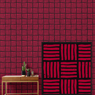 Black on Red Grid Squares Basketweave Wallpaper