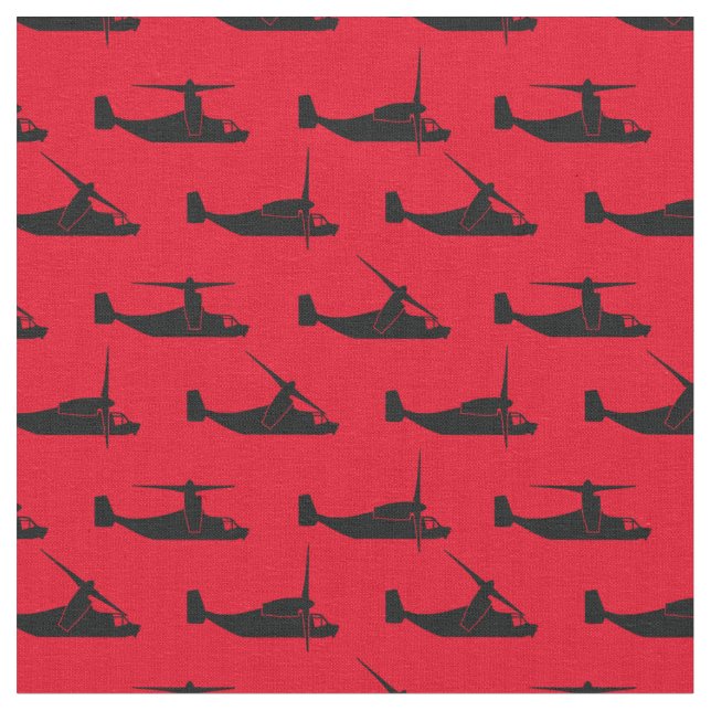 Black on Red V-22 Osprey Side View Pattern Fabric (Close Up)
