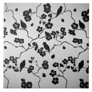 Black on Silver Pattern Birds and Cherry Blossoms Ceramic Tile