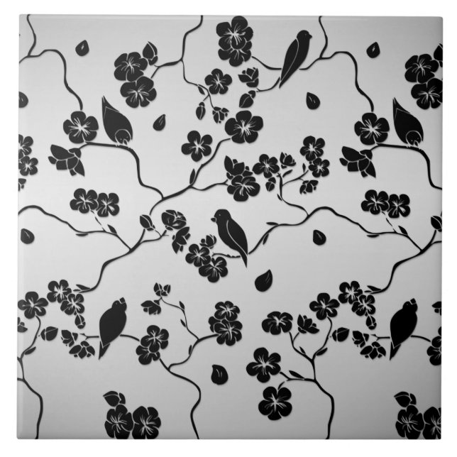 Black on Silver Pattern Birds and Cherry Blossoms Ceramic Tile (Front)