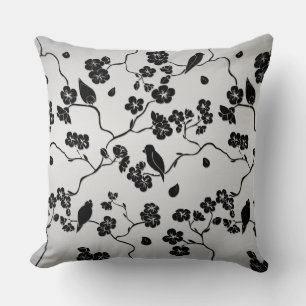 Black on Silver Pattern Birds and Cherry Blossoms Cushion