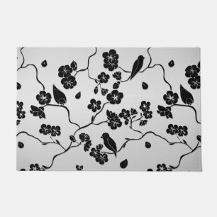 Black on Silver Pattern Birds and Cherry Blossoms Doormat