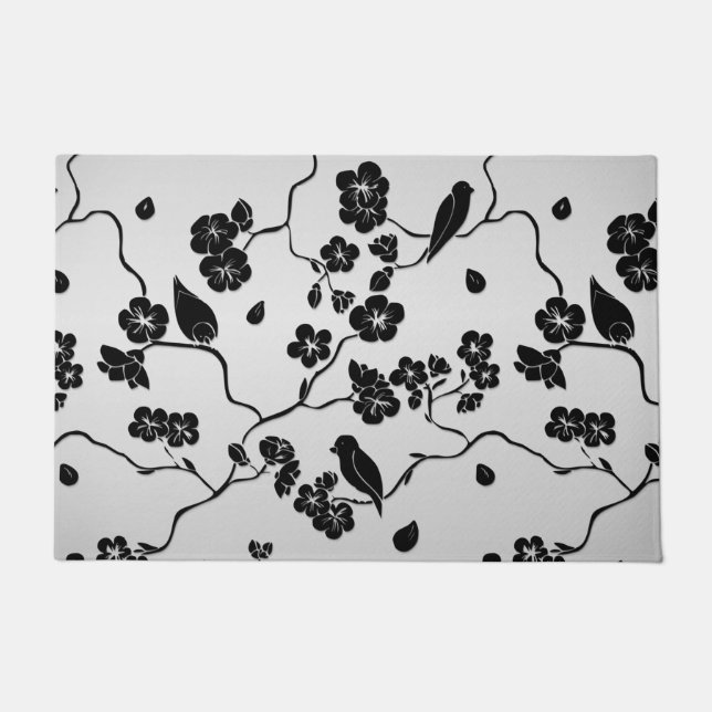 Black on Silver Pattern Birds and Cherry Blossoms Doormat (Front)