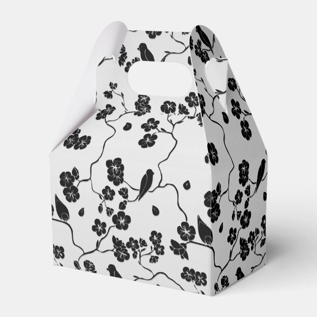 Black on Silver Pattern Birds and Cherry Blossoms Favour Box (Front Side)