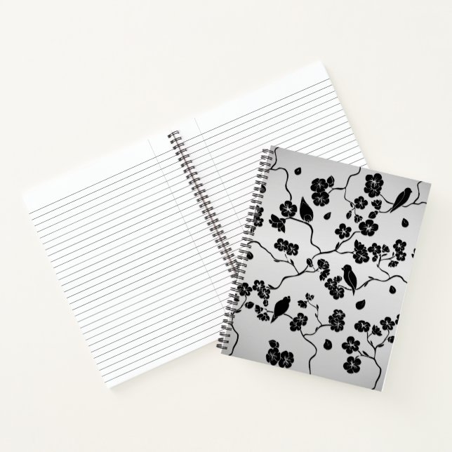 Black on Silver Pattern Birds and Cherry Blossoms Notebook (Inside)