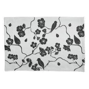 Black on Silver Pattern Birds and Cherry Blossoms Pillowcase