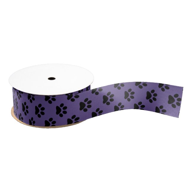 Black on Ultra Violet Cat/Dog/Animal Paw Print Grosgrain Ribbon (Spool)